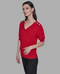Karl Lagerfeld Paris Women's V-Neck Button Detail Sweater