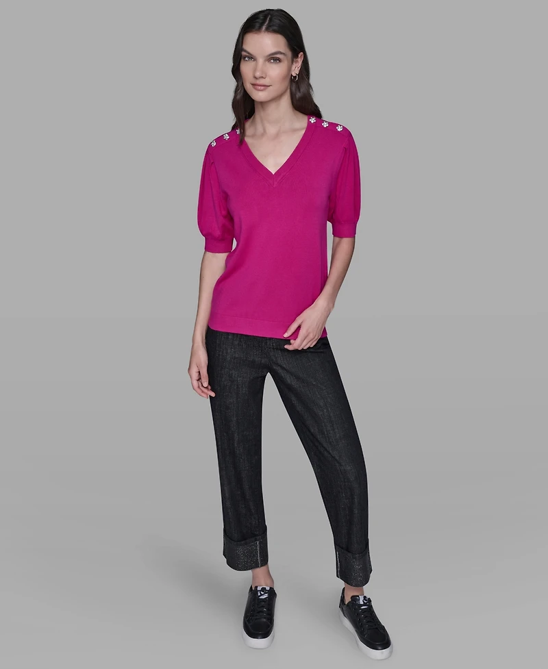 Karl Lagerfeld Paris Women's V-Neck Button Detail Sweater