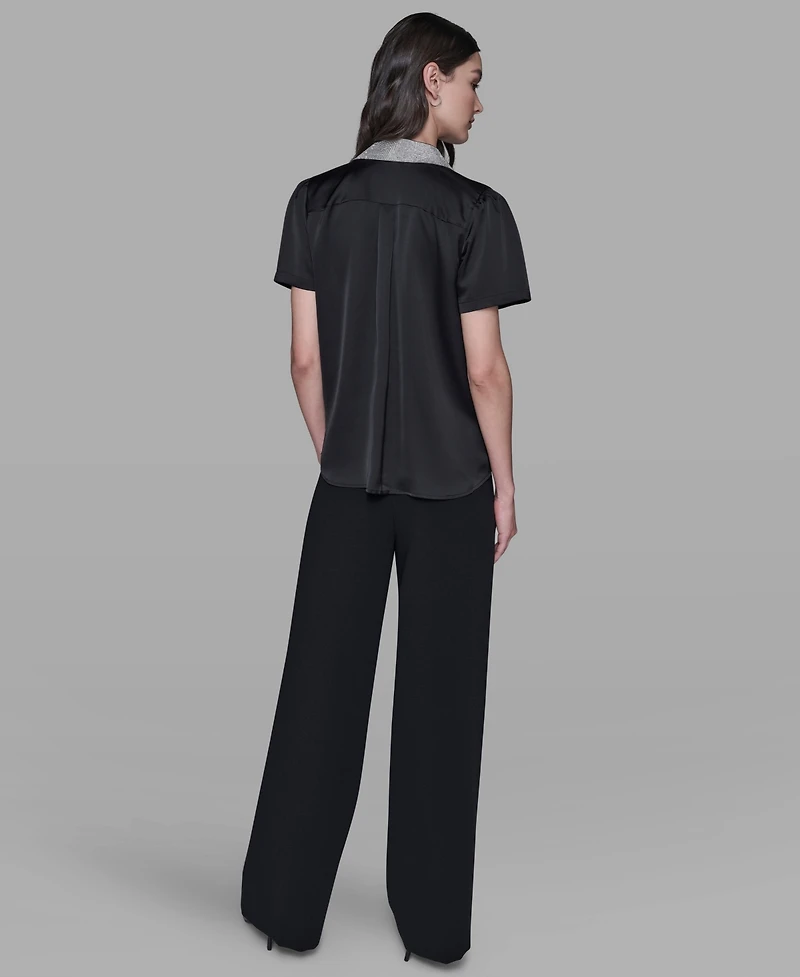 Karl Lagerfeld Paris Women's Collar Embellished Short Sleeve Top