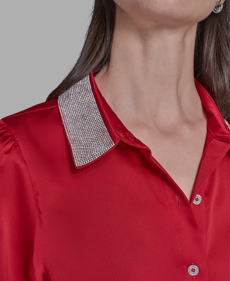 Karl Lagerfeld Paris Women's Collar Embellished Short Sleeve Top
