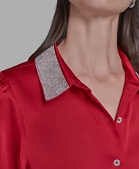 Karl Lagerfeld Paris Women's Collar Embellished Short Sleeve Top