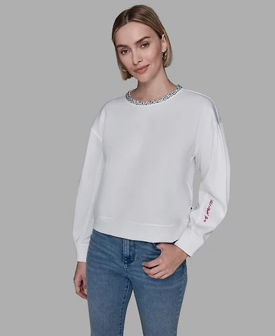 Karl Lagerfeld Paris Women's Crewneck Crystal Neck Top