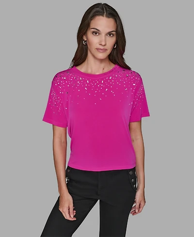 Karl Lagerfeld Paris Women's Crewneck Embellished Top