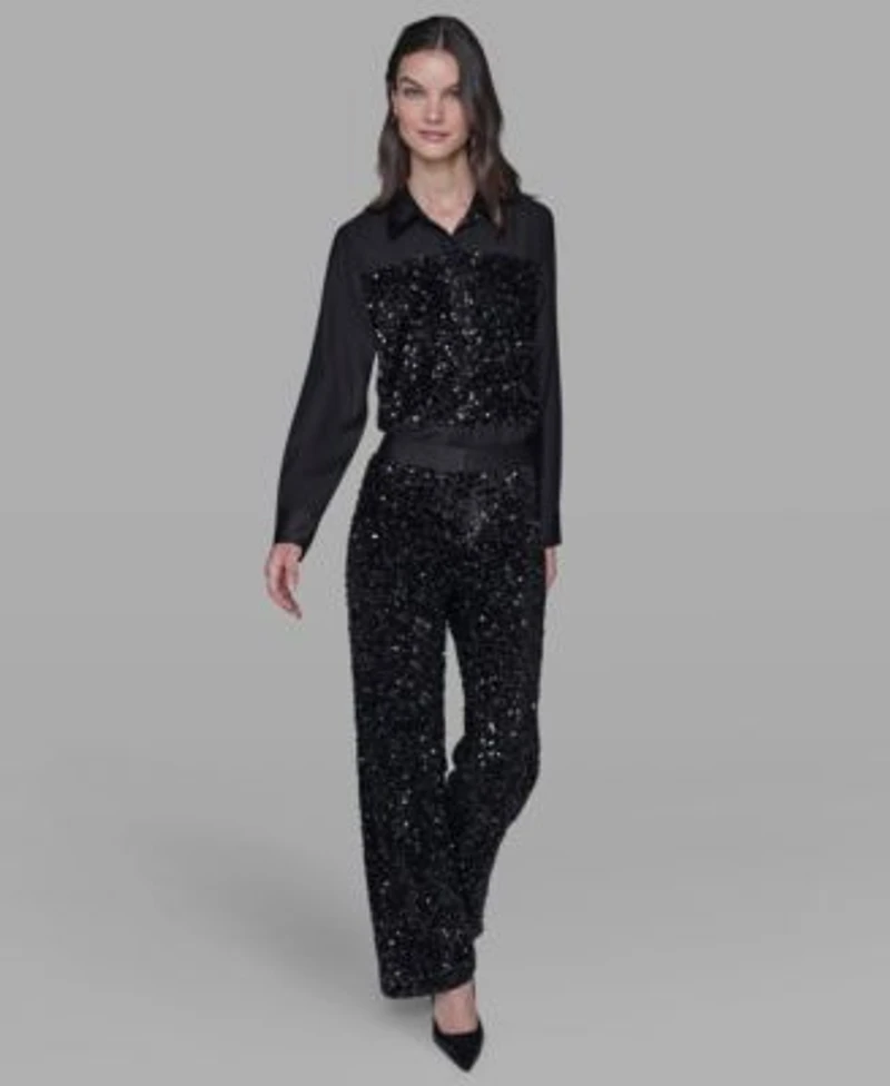 Karl Lagerfeld Paris Womens Collar Sequin Detail Top Sequin Detail Pants