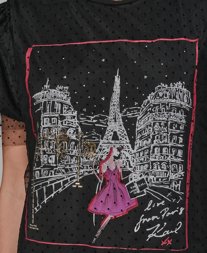 Karl Lagerfeld Paris Women's Crewneck Lace Layer T-Shirt