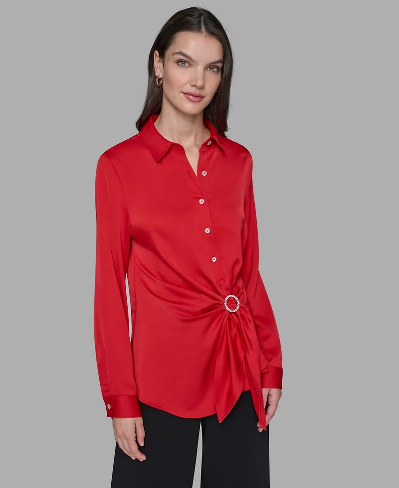 Karl Lagerfeld Paris Women's Long Sleeve Surplice Ring Detail Top