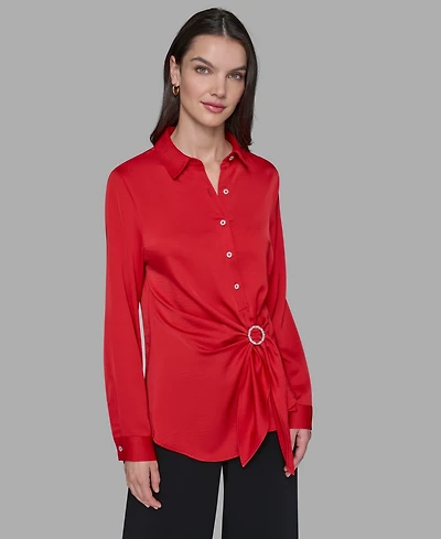 Karl Lagerfeld Paris Women's Long Sleeve Surplice Ring Detail Top
