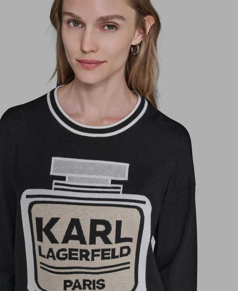 Karl Lagerfeld Paris Women's Crewneck Perfume Bottle Detail Striped Sweater