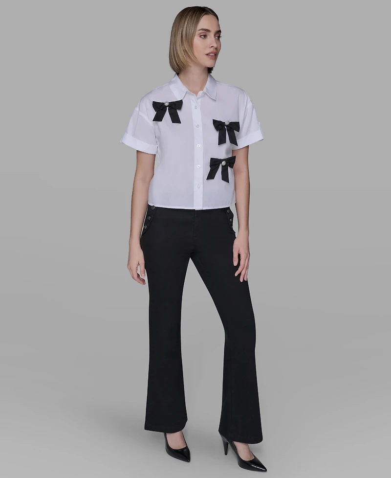 Karl Lagerfeld Paris Women's Collar Bow Applique Detail Top