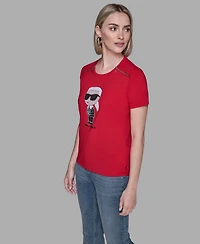 Karl Lagerfeld Paris Women's Crewneck Embellished Zip Shoulder T-Shirt