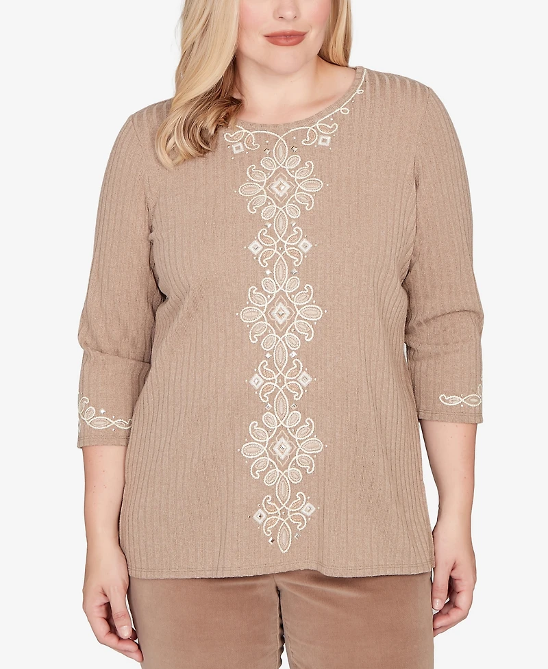 Alfred Dunner Vienna Embroidered Medallion Center Knit Top