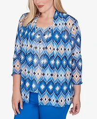 Alfred Dunner Barcelona Geometric Mesh 2-In-1 Top with Necklace