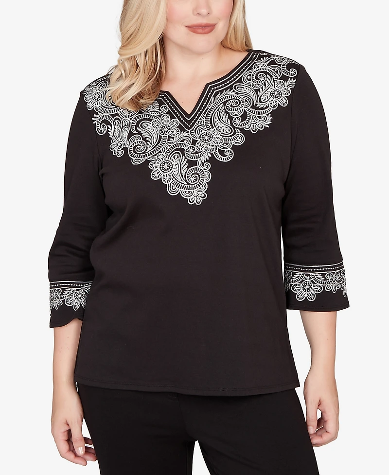 Alfred Dunner Barcelona Embroidered Scroll Accent Soft Knit Top