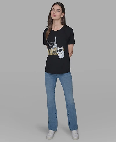 Karl Lagerfeld Paris Women's Crewneck Choupette Embellished T-Shirt
