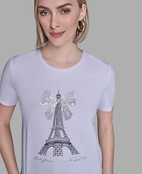Karl Lagerfeld Paris Women's Crewneck Embellished Bow Eiffel Tower T-Shirt