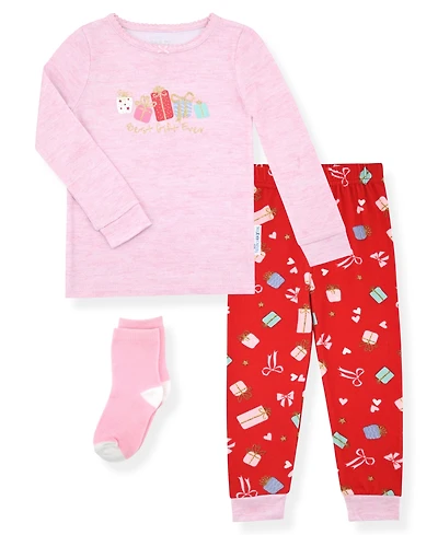 Max & Olivia 12M-5T Girls 3-Piece Snug Fit Holiday Long Sleeve T-Shirt, Pants and Socks Pajama Set
