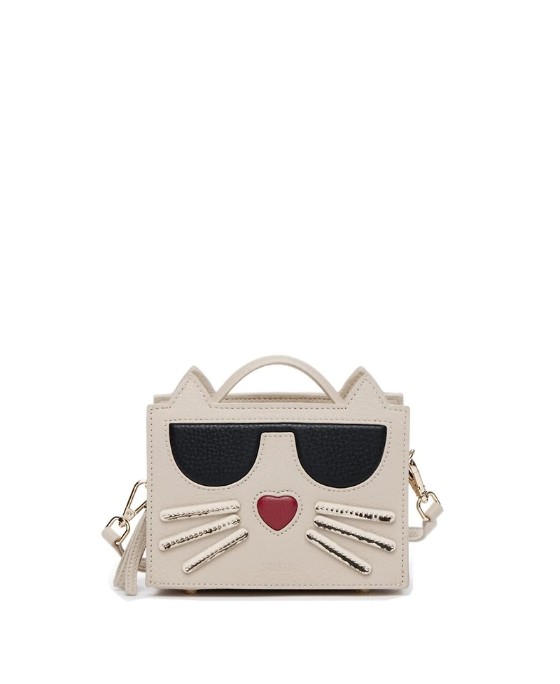Pebble Leather Cat Crossbody Bag Cute Top Handle Purse Small Shoulder Handbag for Women & Girls with Gold Hardware and Detachable Strap