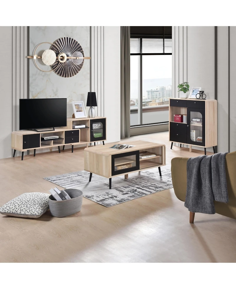 Kings Brand Furniture Nathan Sideboard Storage Cabinet with Drawers Open and Close Shelves, Oak/Black
