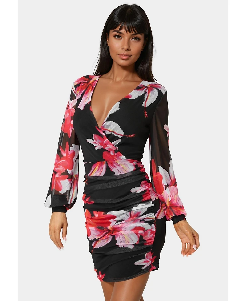 Bebe Women's Long Sleeve Faux Wrap Ruched Mini Dress