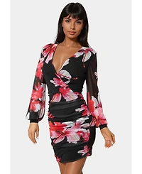 Bebe Women's Long Sleeve Faux Wrap Ruched Mini Dress