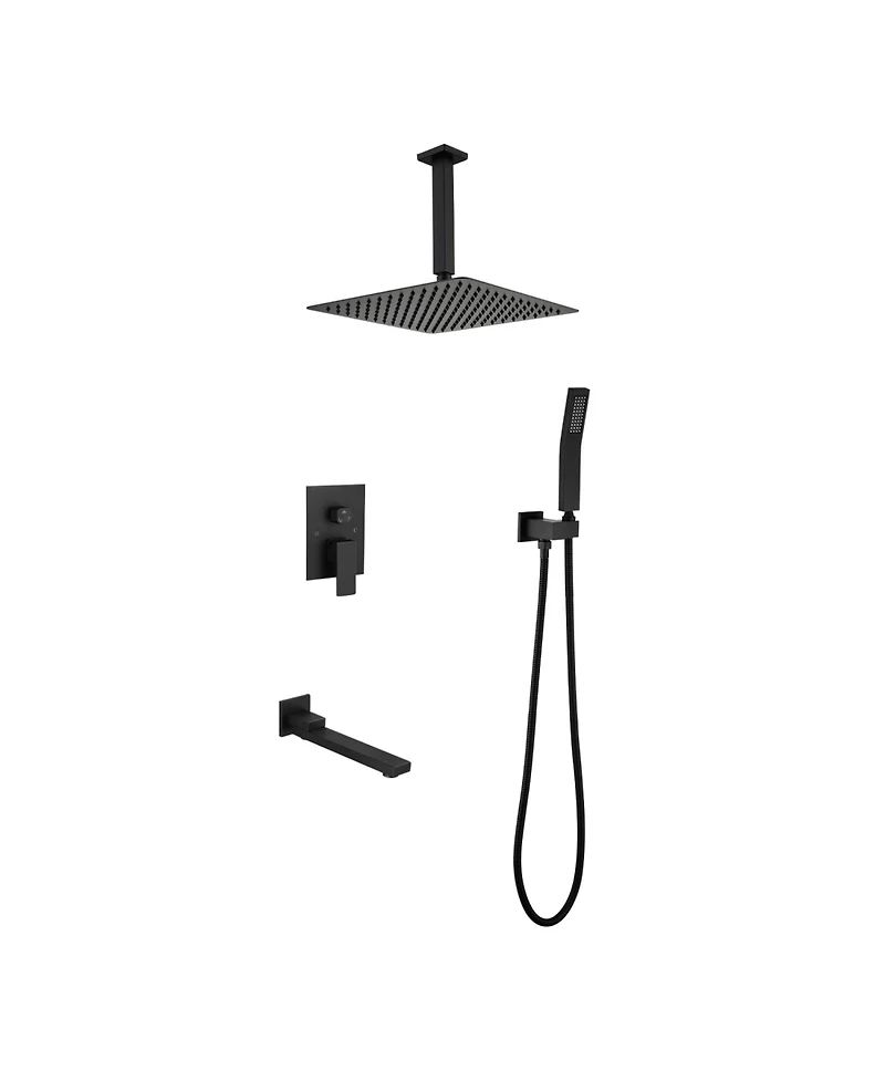 Rainsken Ceiling Mount Shower Faucet Set, Rain Mixer Shower Combo Set with Hand Shower, 16 inch Shower Head and Tub Spout, Matte Black