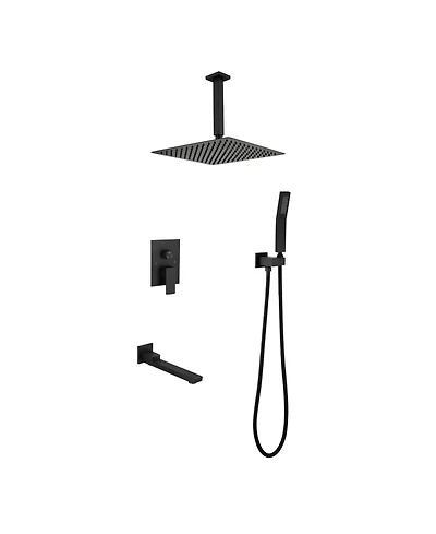 Rainsken Ceiling Mount Shower Faucet Set, Rain Mixer Shower Combo Set with Hand Shower, 16 inch Shower Head and Tub Spout, Matte Black