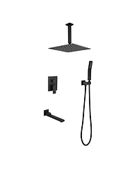 Rainsken Ceiling Mount Shower Faucet Set, Rain Mixer Shower Combo Set with Hand Shower, 16 inch Shower Head and Tub Spout, Matte Black