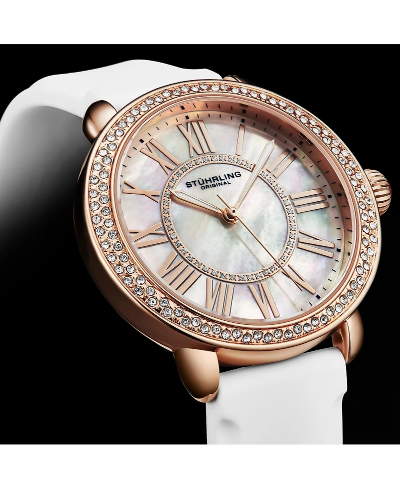 Stuhrling Elegant Women s 40mm Dress Watch – Model 4068, White Satin Leather Band, Rose-Tone Crystal Accents