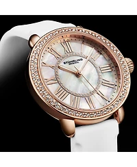 Stuhrling Elegant Women s 40mm Dress Watch – Model 4068, White Satin Leather Band, Rose-Tone Crystal Accents