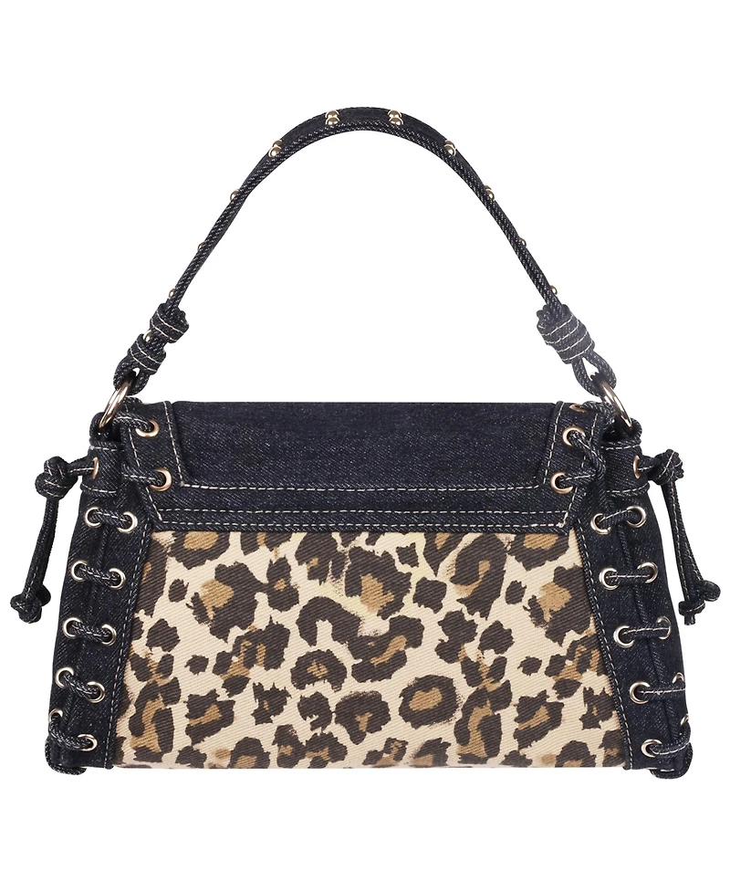 True Religion Denim Leopard Eyelet Trim Flap Bag