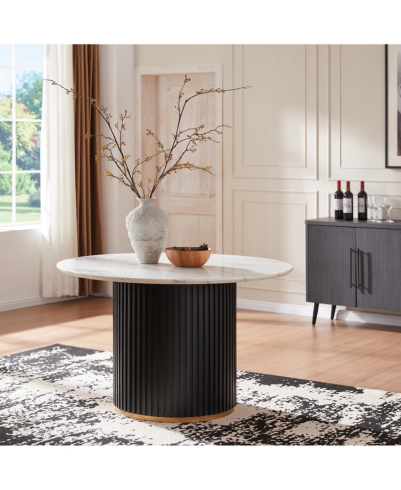 Morden Fort Glam 5-Piece Wood Round Dining Table with Black Boucle Chairs Metal Legs Dining Room Set for Kitchen