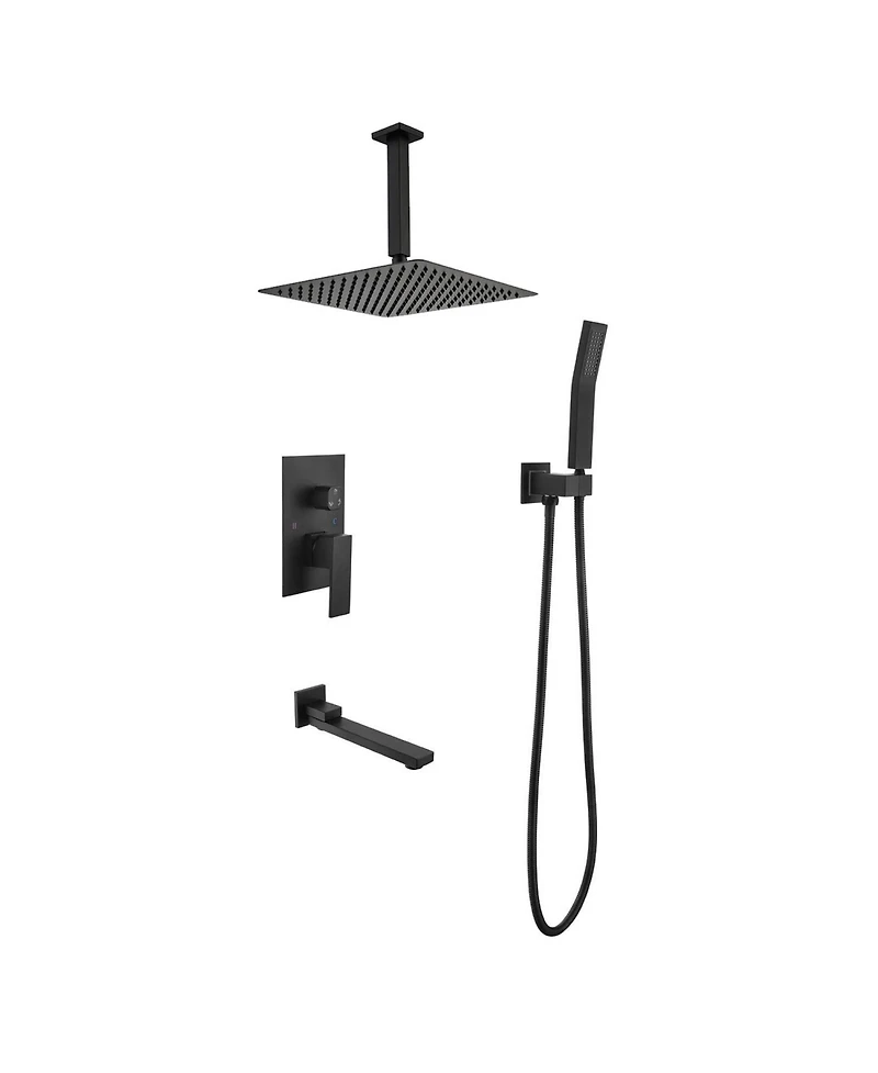 Rainsken Square Rain Shower System Faucet Set with Hand Shower, 16 inch Shower Head and Tub Spou, Matte Black