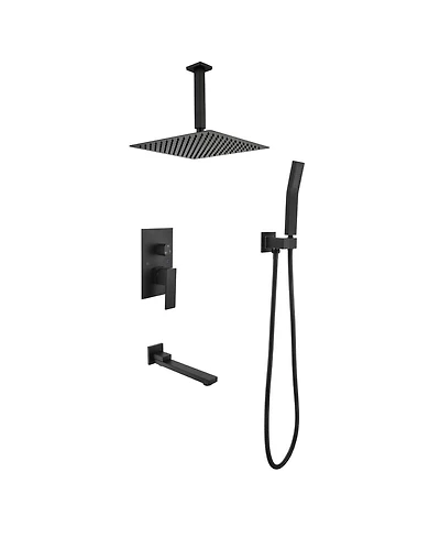Rainsken Square Rain Shower System Faucet Set with Hand Shower, 16 inch Shower Head and Tub Spou, Matte Black