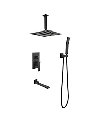 Rainsken Square Rain Shower System Faucet Set with Hand Shower, 16 inch Shower Head and Tub Spou, Matte Black