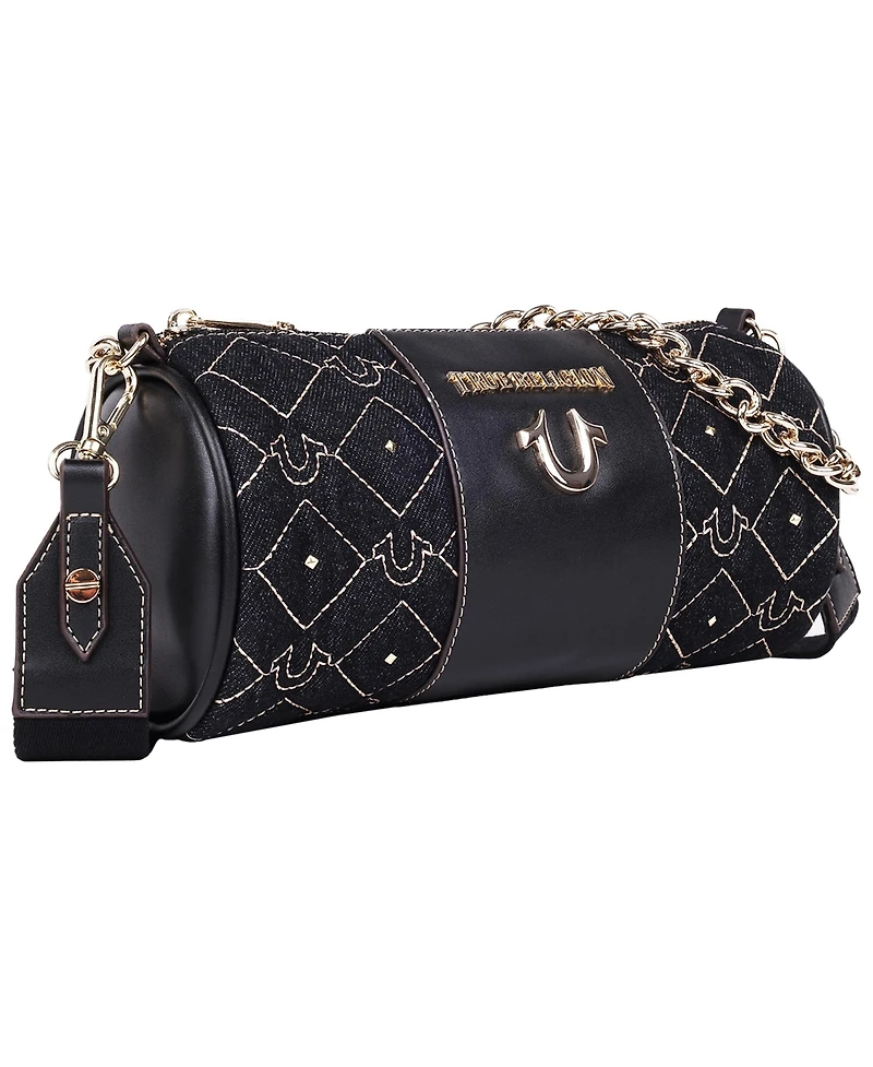True Religion Studded Denim Zip Top Barrel Bag