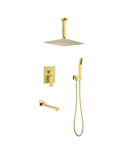 Rainsken Shower System Bathroom Faucet Set Square Rainfall Shower Head and Handle Combo, 16 inch Shower Head and Tub Spou, Brushed Gold