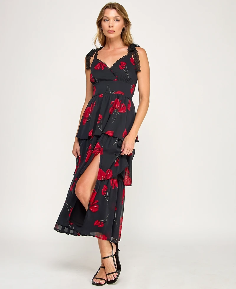 Row A Juniors' Sleeveless Tiered Floral Midi Dress