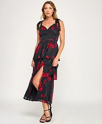 Row A Juniors' Sleeveless Tiered Floral Midi Dress