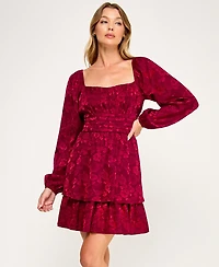 Row A Juniors' Long Sleeve Pleated Bust Dress