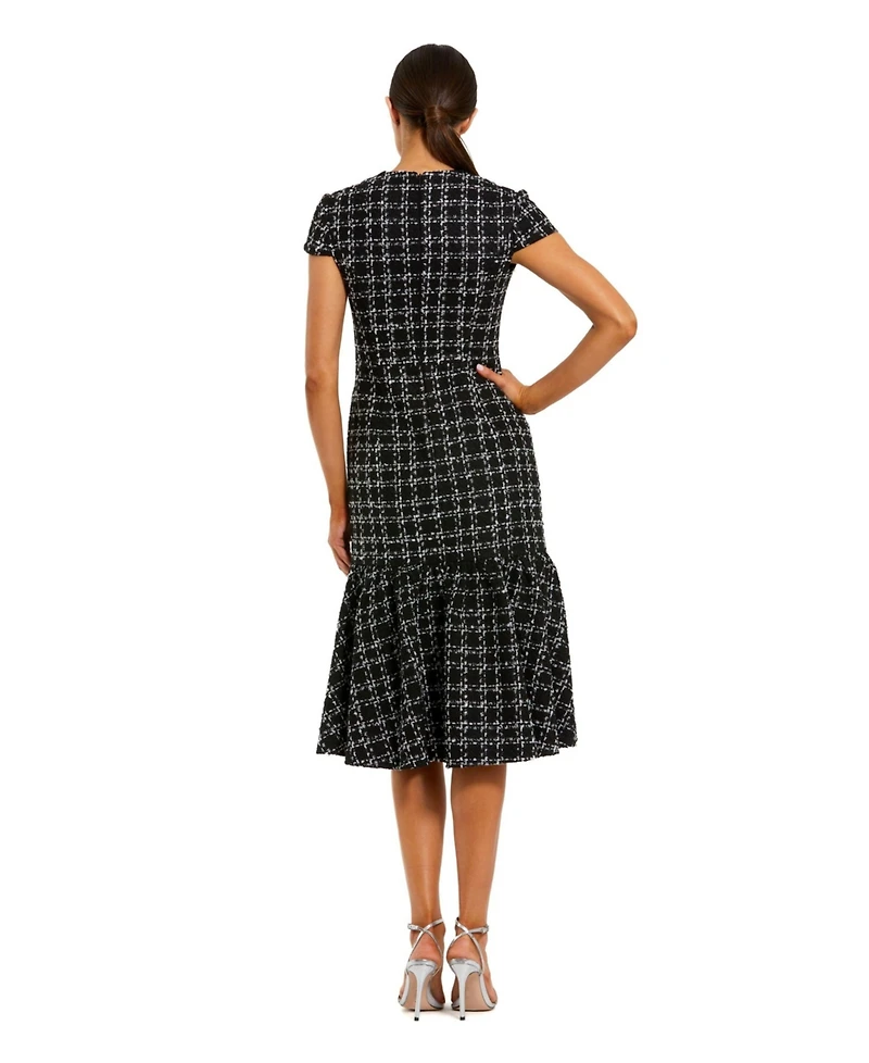 Mac Duggal Women's Button Up Cap Sleeve Boucle A Line Midi Dress