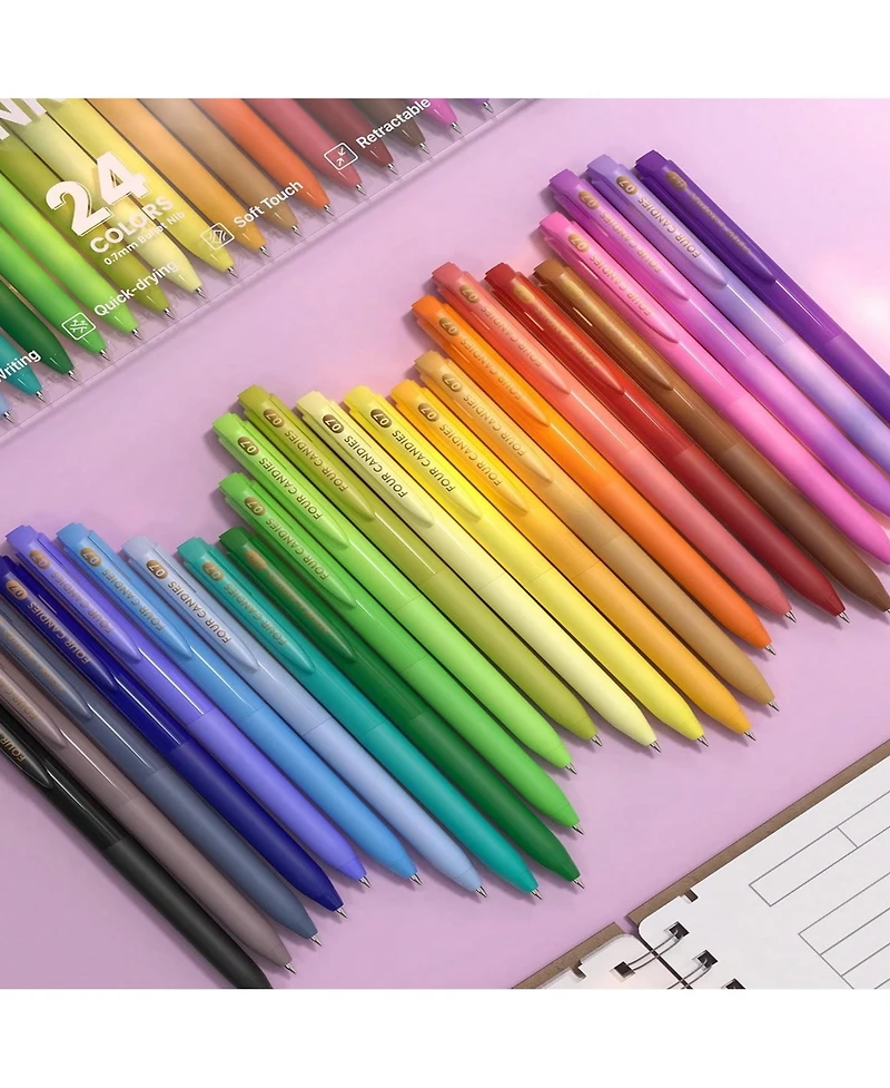 Htutwoo Four Candies Quick Dry Ink Colored Pens Set, 24 Colors Retractable Gel Pens, Colored Gel Pens for Office, School & Home Back To School