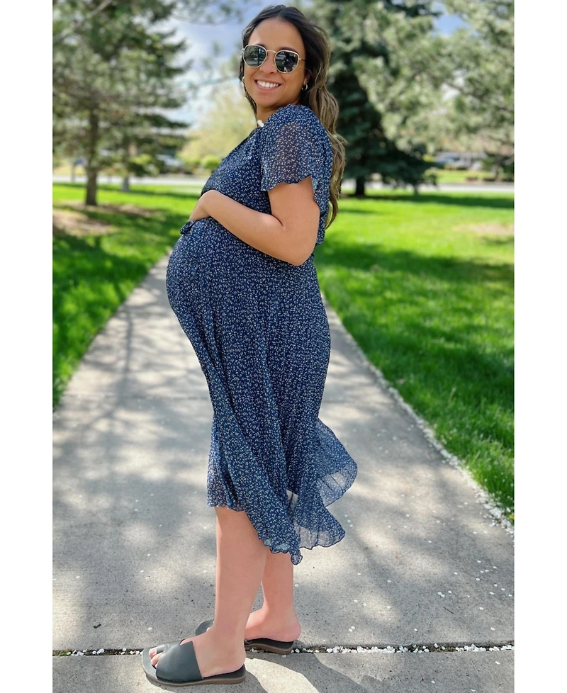 Pinkblush Maternity Navy Leaf Print Pleated Midi Dress