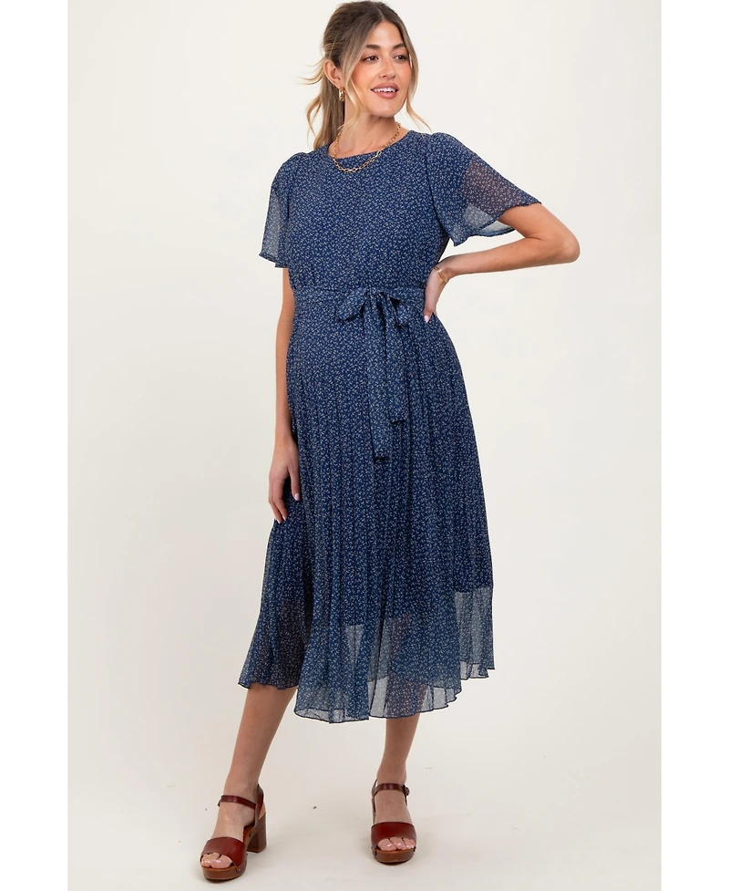 Pinkblush Maternity Navy Leaf Print Pleated Midi Dress