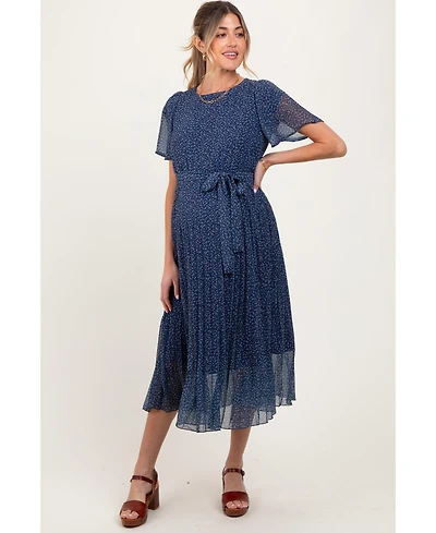 Pinkblush Maternity Navy Leaf Print Pleated Midi Dress