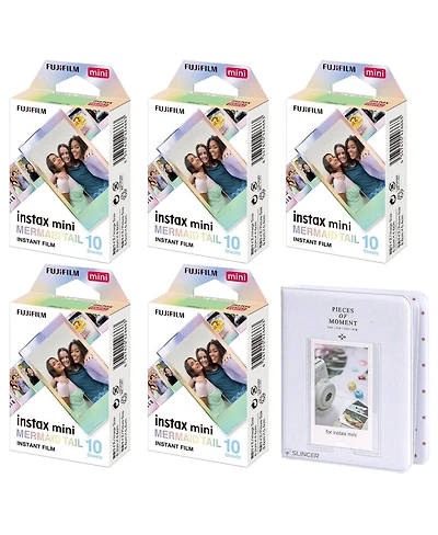 Fujifilm Instax Mini Mermaid Tail Film, 5-Packs of 10 Exposures + Slinger Photo Album for Instax Mini