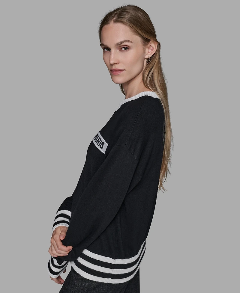 Karl Lagerfeld Paris Women's Crewneck Logo Striped Sweater