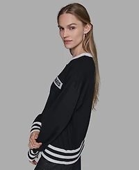 Karl Lagerfeld Paris Women's Crewneck Logo Striped Sweater