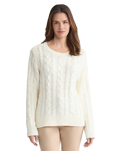Jones New York Petite Sequin Cable Crew Neck Sweater