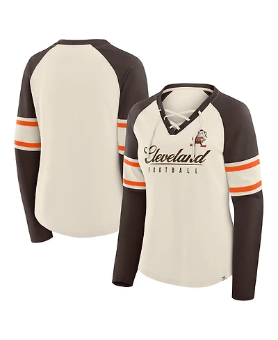 Fanatics Women's Cream/Brown Cleveland Browns Hometown Gridiron Hero Raglan Lace-Up V-Neck Long Sleeve T-Shirt