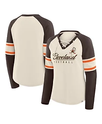 Fanatics Women's Cream/Brown Cleveland Browns Hometown Gridiron Hero Raglan Lace-Up V-Neck Long Sleeve T-Shirt